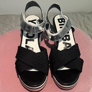 Black and Silver Platform Sandals with Crisscross Straps